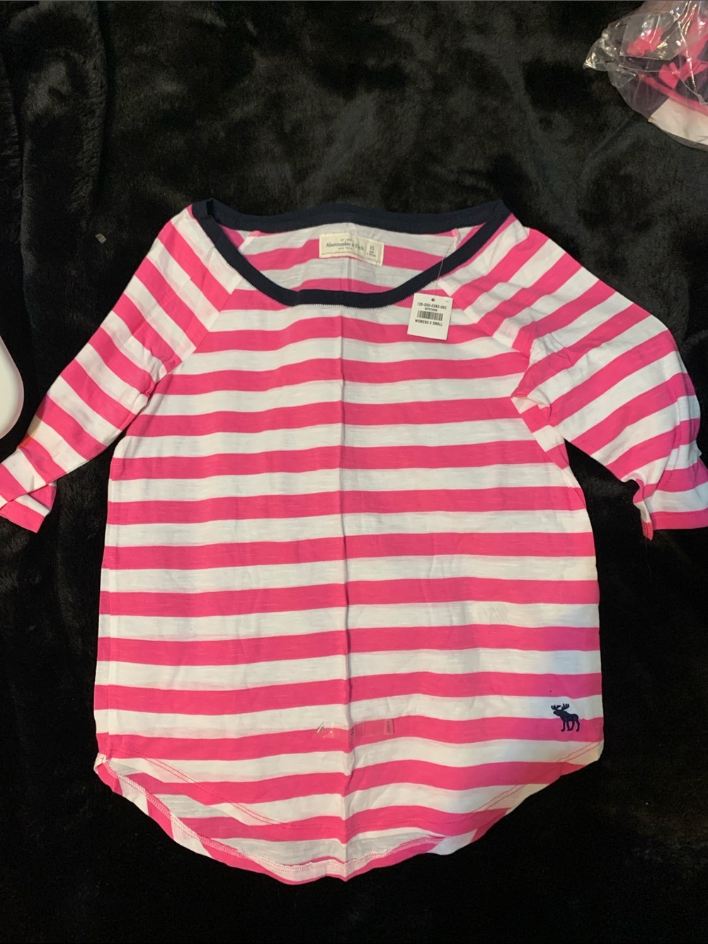 Abercrombie & Fitch Pink and White Striped Tee with Navy Trim